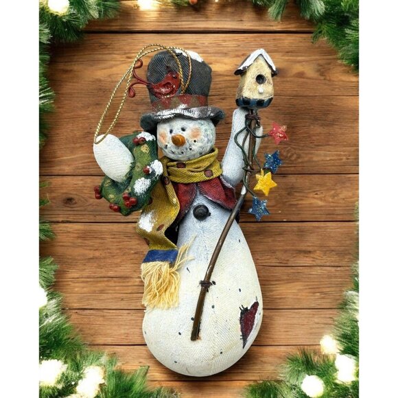 Vintage Primitive Fabric Snowman Christmas Tree Ornament Birdhouse Hat Scarf - Picture 1 of 7